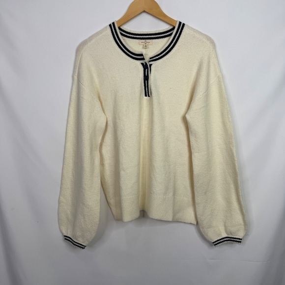 Mason & Belle Ivory Striped Trim Button Neck Knit Sweater Size M NWT - Picture 2 of 8